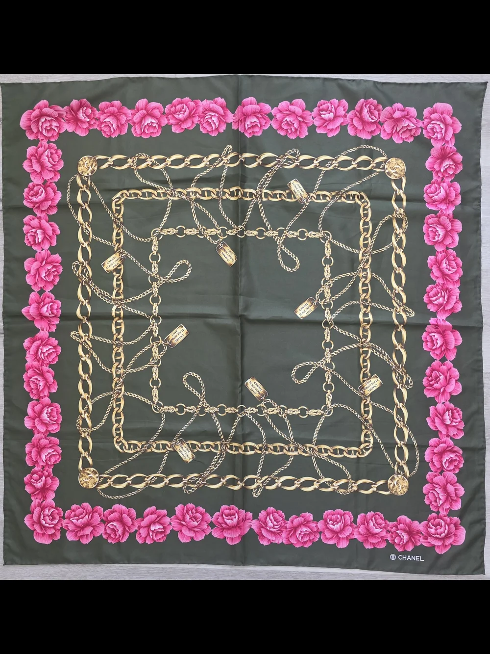 Auth Chanel Cambon Floral Chain Silk Scarf
